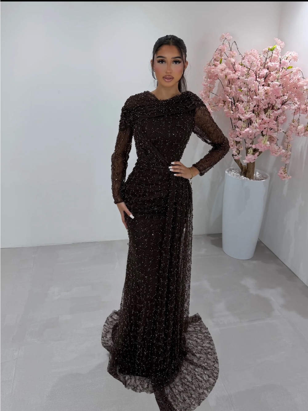 Elegant Brown Embellished Long Sleeve Evening Dress